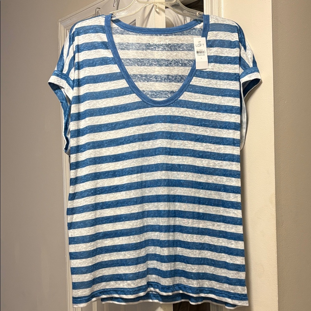 NWT LOFT Blue and White Striped Linen Short Sleeve Tee Size L Large